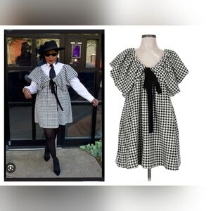 Houndstooth Mini Dress with Bow Tie Neck - Black & White